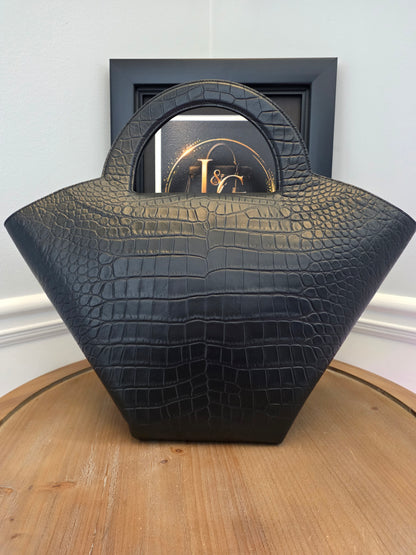 Bottega Veneta Black Crocodile Embossed Leather Top Handle Tote with Matching Pouch  IG Luxury Archive Description