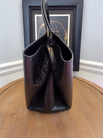 Bottega Veneta Black Crocodile Embossed Leather Top Handle Tote with Matching Pouch  IG Luxury Archive Description