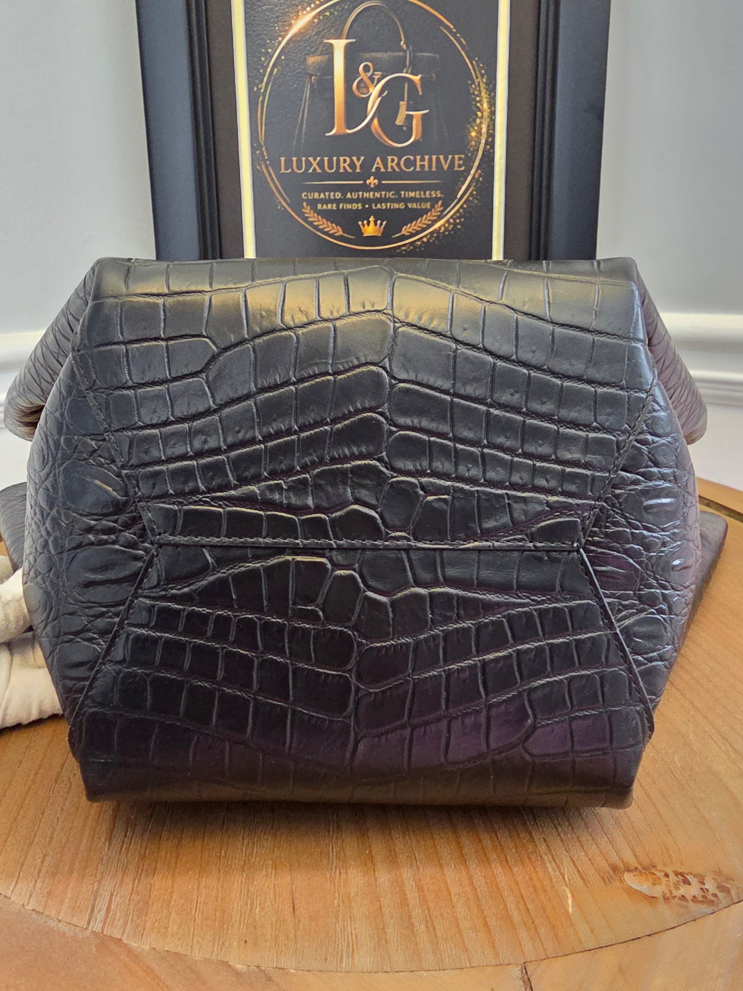 Bottega Veneta Black Crocodile Embossed Leather Top Handle Tote with Matching Pouch  IG Luxury Archive Description
