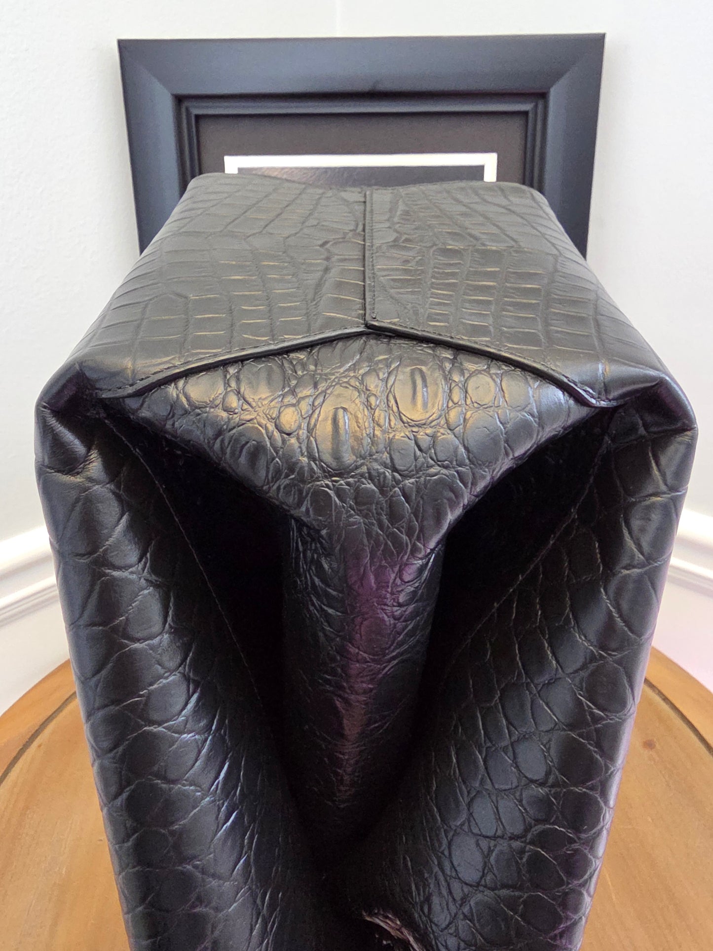 Bottega Veneta Black Crocodile Embossed Leather Top Handle Tote with Matching Pouch  IG Luxury Archive Description