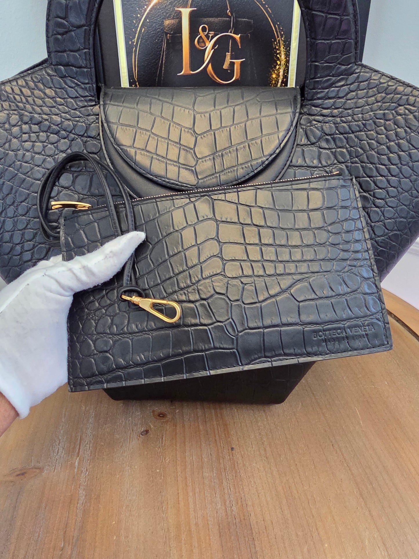 Bottega Veneta Black Crocodile Embossed Leather Top Handle Tote with Matching Pouch  IG Luxury Archive Description