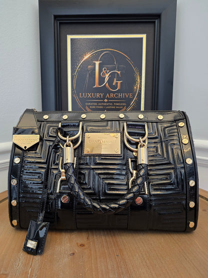 Gianni Versace Couture Black Patent Greek Key Boston Bag