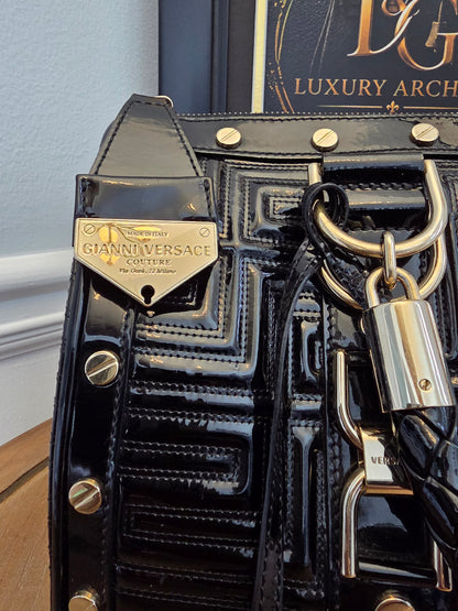 Gianni Versace Couture Black Patent Greek Key Boston Bag