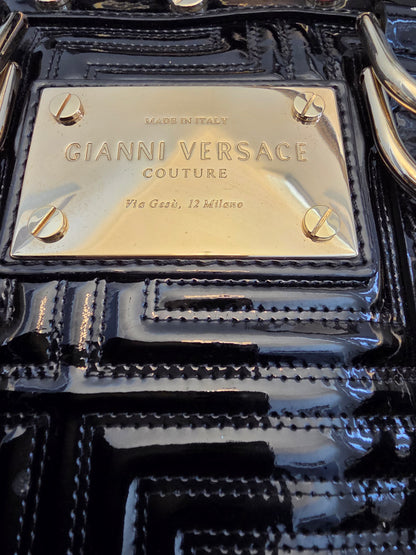 Gianni Versace Couture Black Patent Greek Key Boston Bag