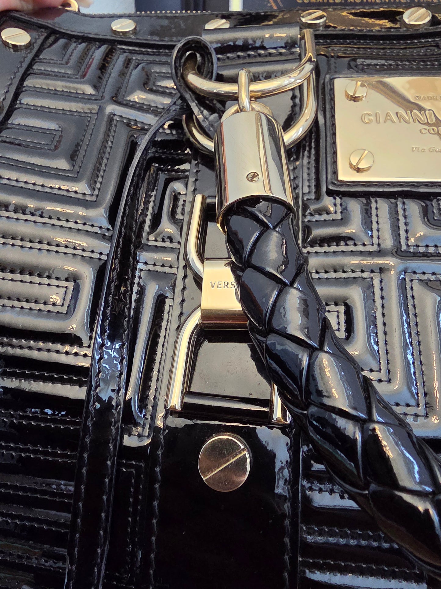 Gianni Versace Couture Black Patent Greek Key Boston Bag