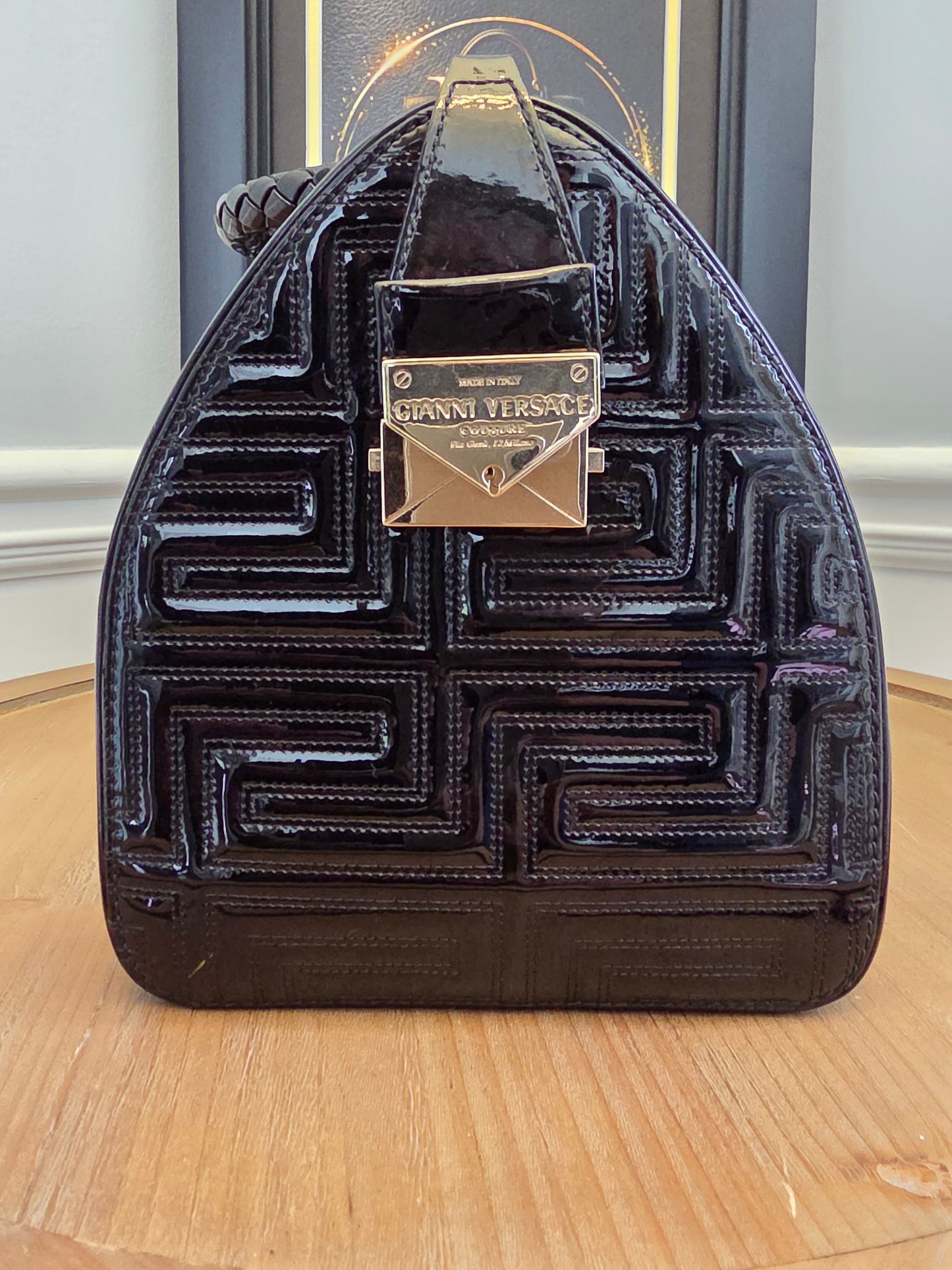 Gianni Versace Couture Black Patent Greek Key Boston Bag