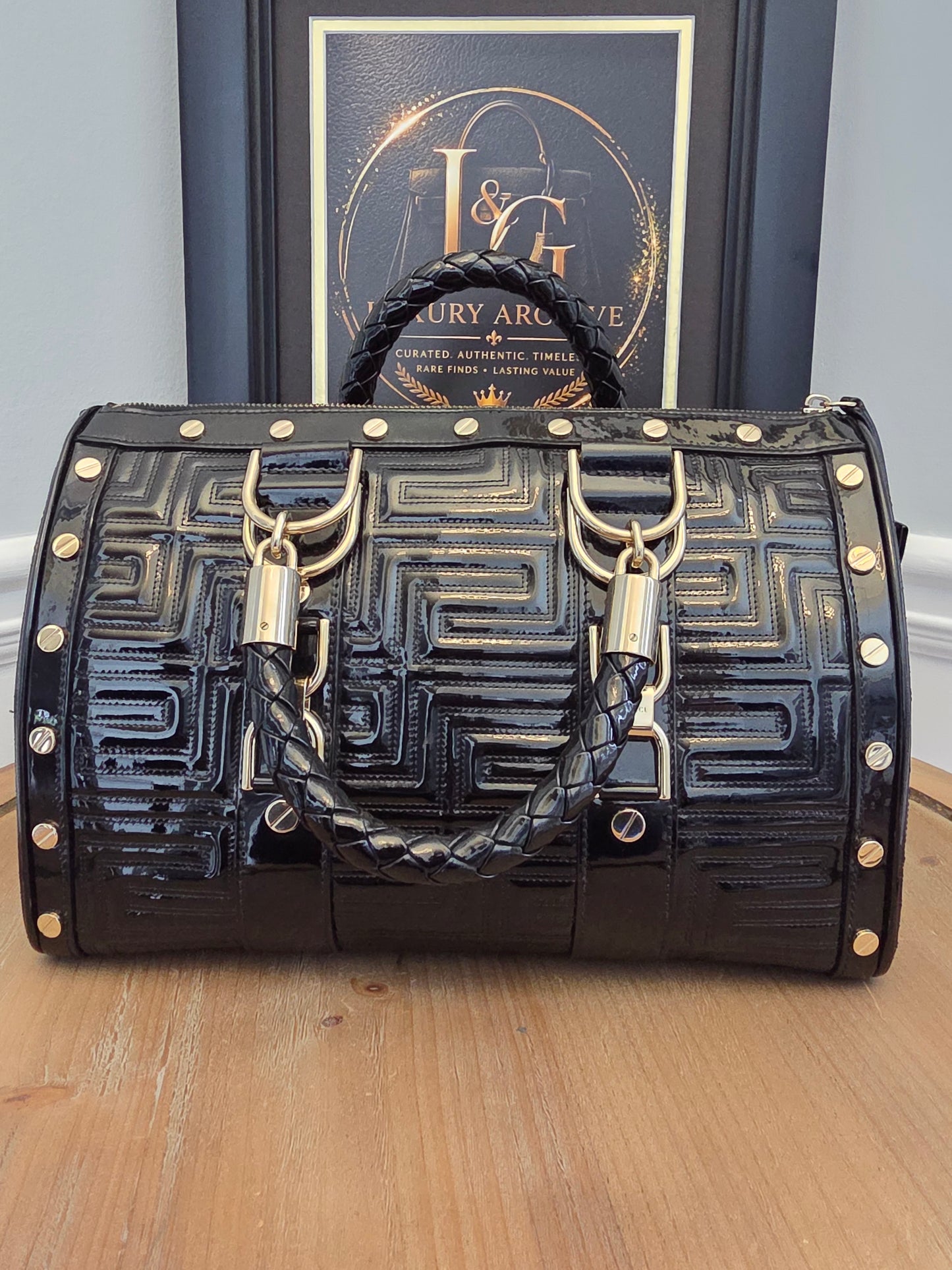 Gianni Versace Couture Black Patent Greek Key Boston Bag