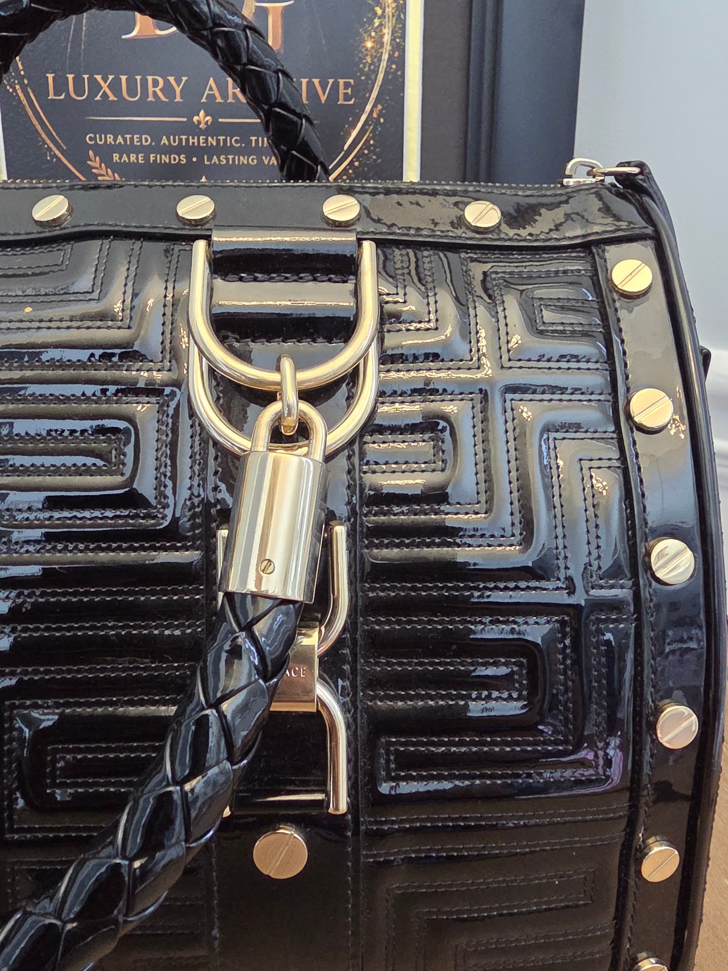 Gianni Versace Couture Black Patent Greek Key Boston Bag