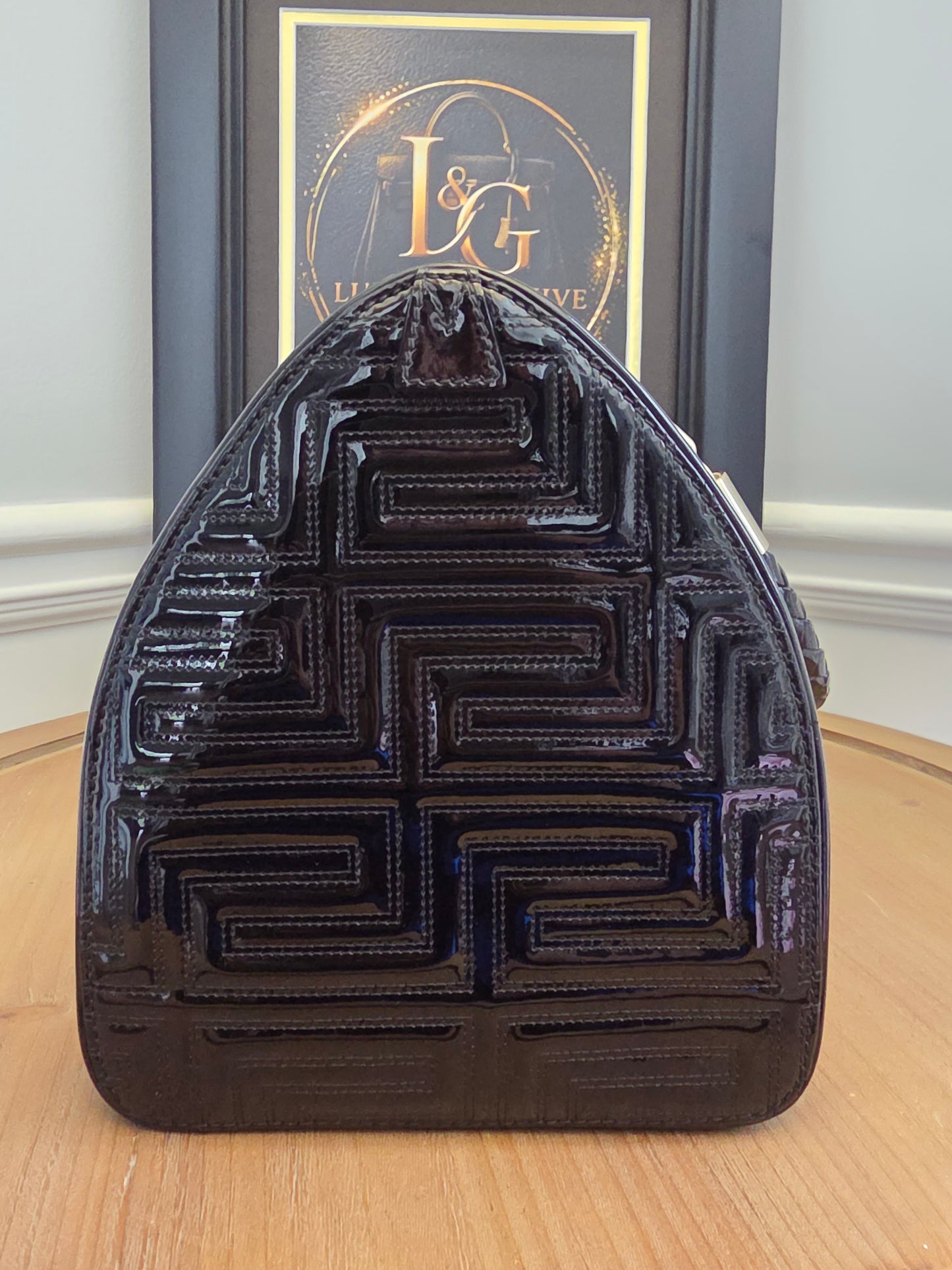Gianni Versace Couture Black Patent Greek Key Boston Bag