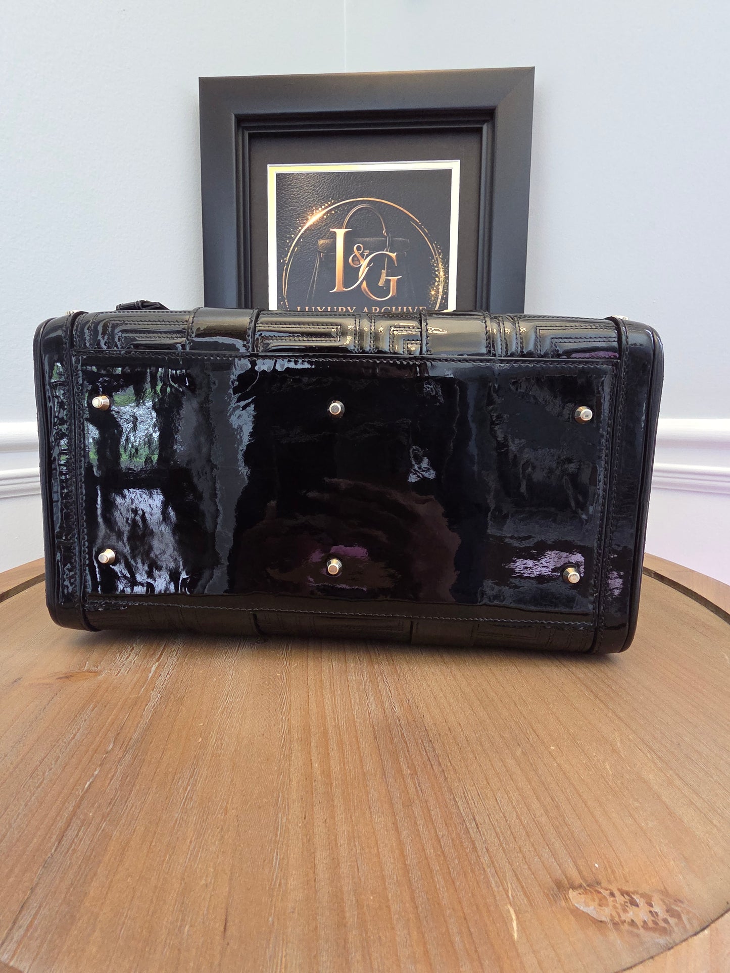 Gianni Versace Couture Black Patent Greek Key Boston Bag
