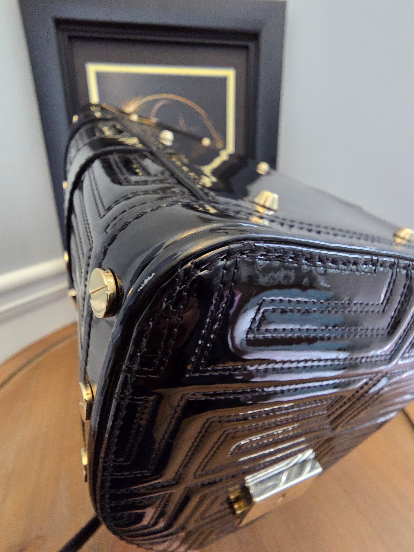Gianni Versace Couture Black Patent Greek Key Boston Bag