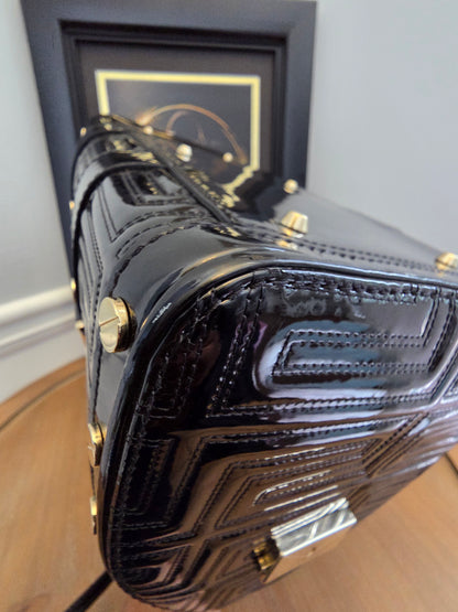 Gianni Versace Couture Black Patent Greek Key Boston Bag