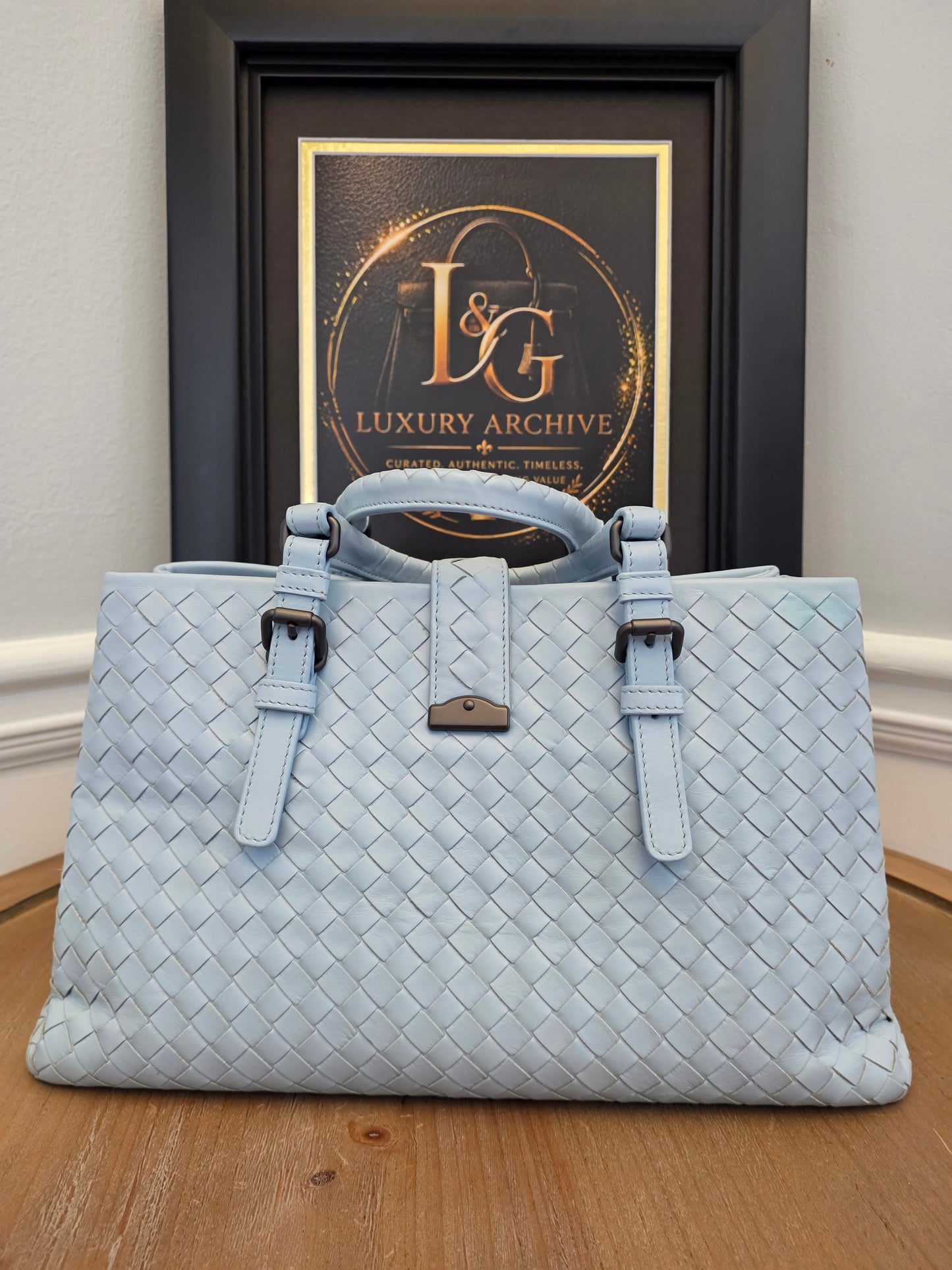 Bottega Veneta Roma Intrecciato Tote Bag in Light Blue with Brunito Hardware