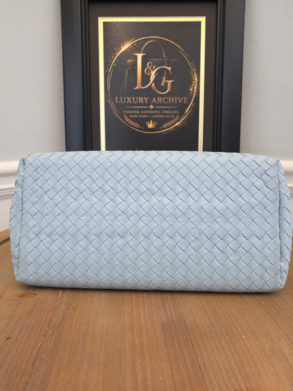 Bottega Veneta Roma Intrecciato Tote Bag in Light Blue with Brunito Hardware