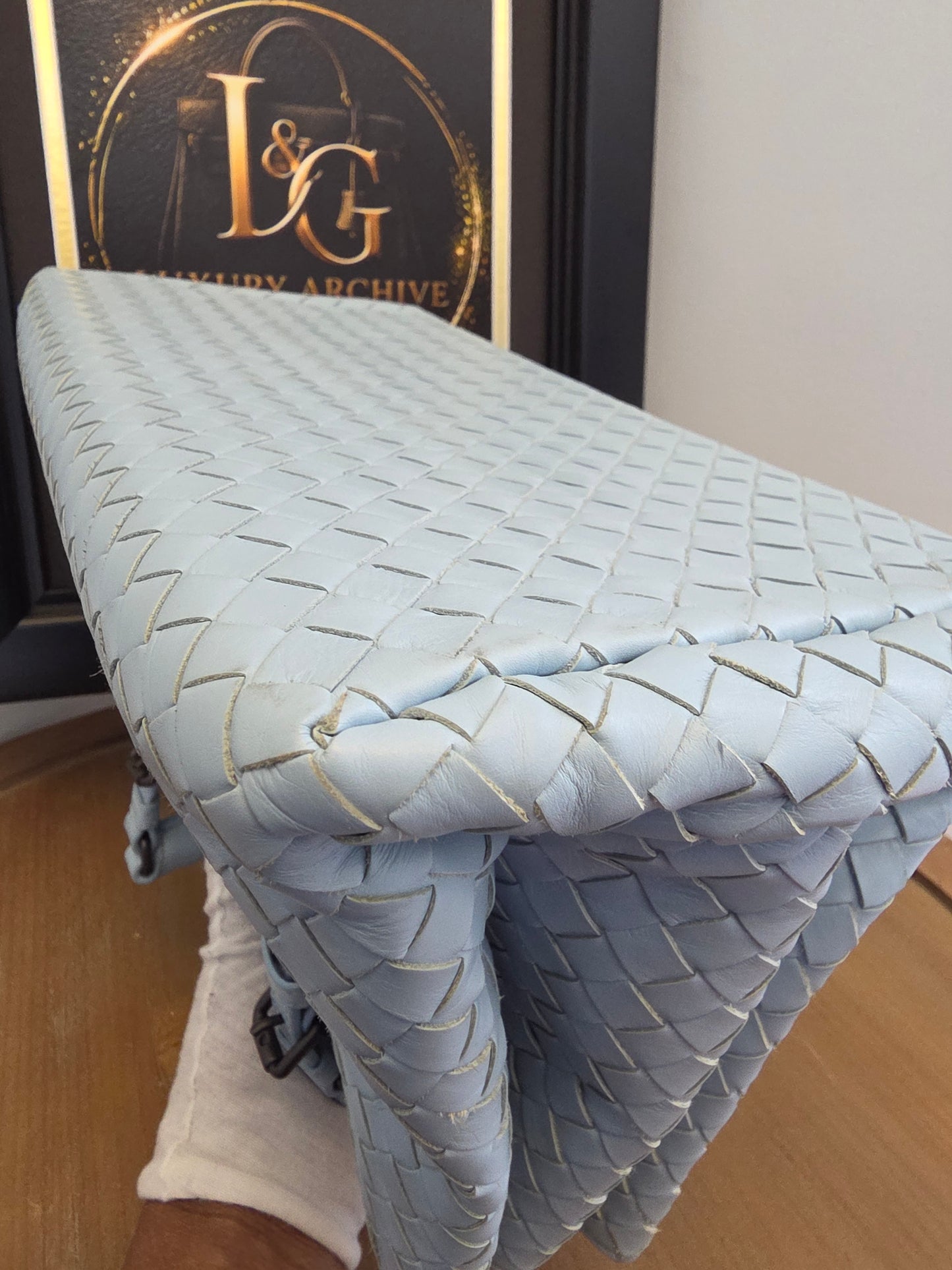 Bottega Veneta Roma Intrecciato Tote Bag in Light Blue with Brunito Hardware