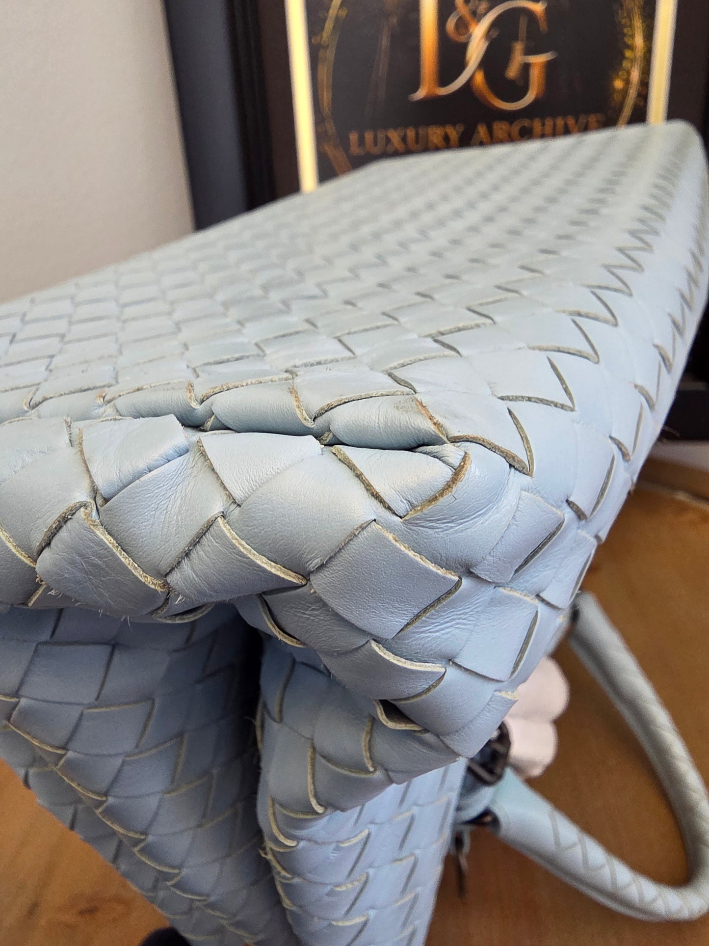 Bottega Veneta Roma Intrecciato Tote Bag in Light Blue with Brunito Hardware