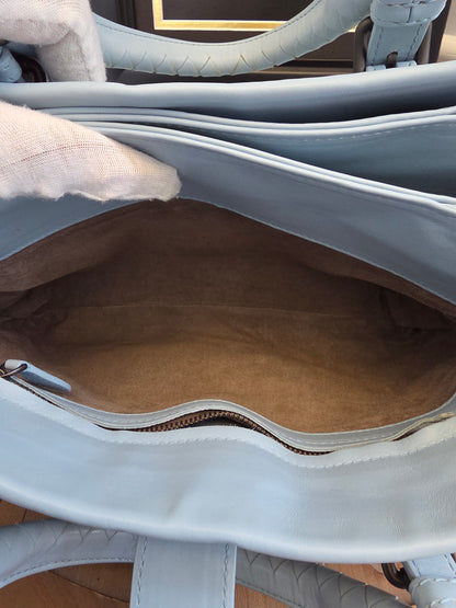 Bottega Veneta Roma Intrecciato Tote Bag in Light Blue with Brunito Hardware