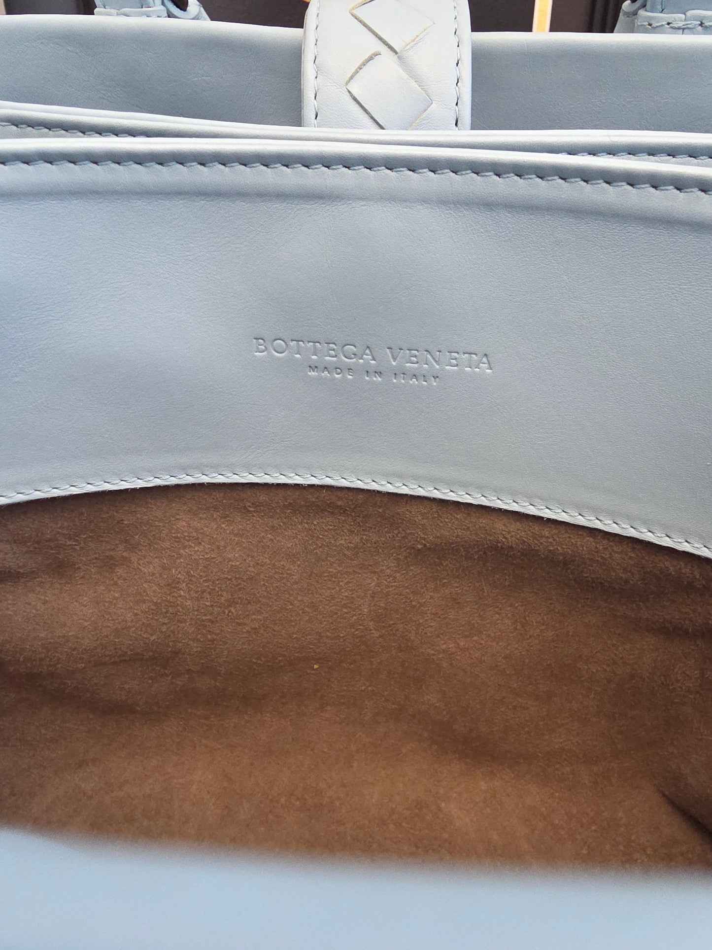 Bottega Veneta Roma Intrecciato Tote Bag in Light Blue with Brunito Hardware