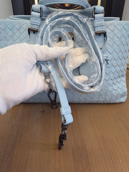 Bottega Veneta Roma Intrecciato Tote Bag in Light Blue with Brunito Hardware