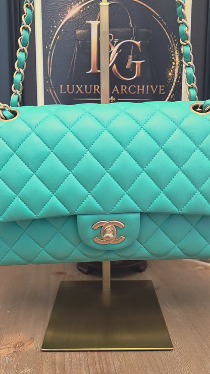 Chanel Classic Flap Medium  Turquoise / Tiffany Blue Lambskin with Brushed Gold Hardware Serial: 27-series | Made in France
